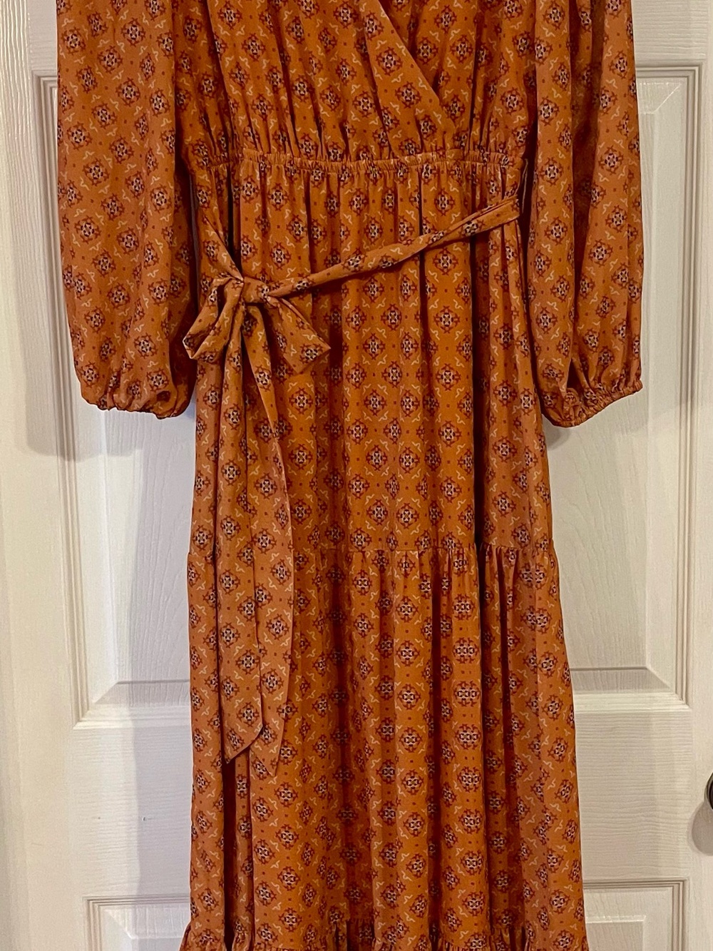 Flying Tomato Long Sleeve Orange Patterned Maxi Dress with Tie Size M